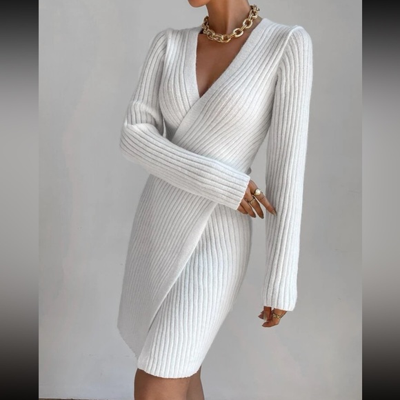 Classic Ribbed Knit Crossover Sweater Dress White - Picture 5 of 6